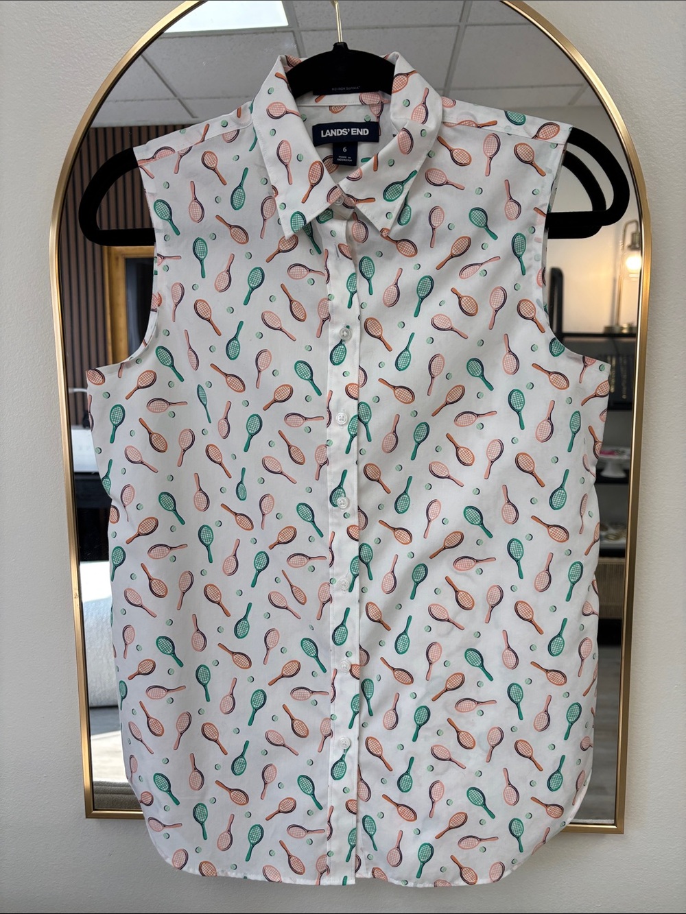 Lands' End White Tennis Racket Print Shirt with Orange and Green Accents